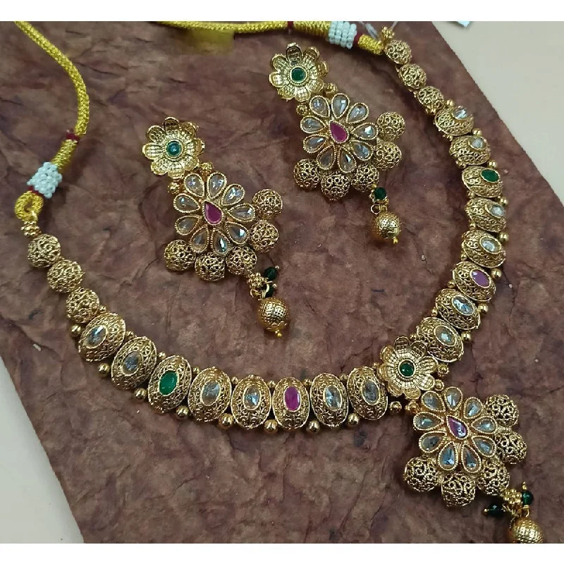 Akruti Collection Gold Plated Pota Stone And Pearls Necklace Set