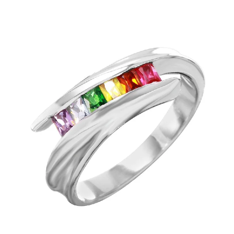 Silver 925 Overlapping Ring with Multi-Color CZ Accents - BGR00956