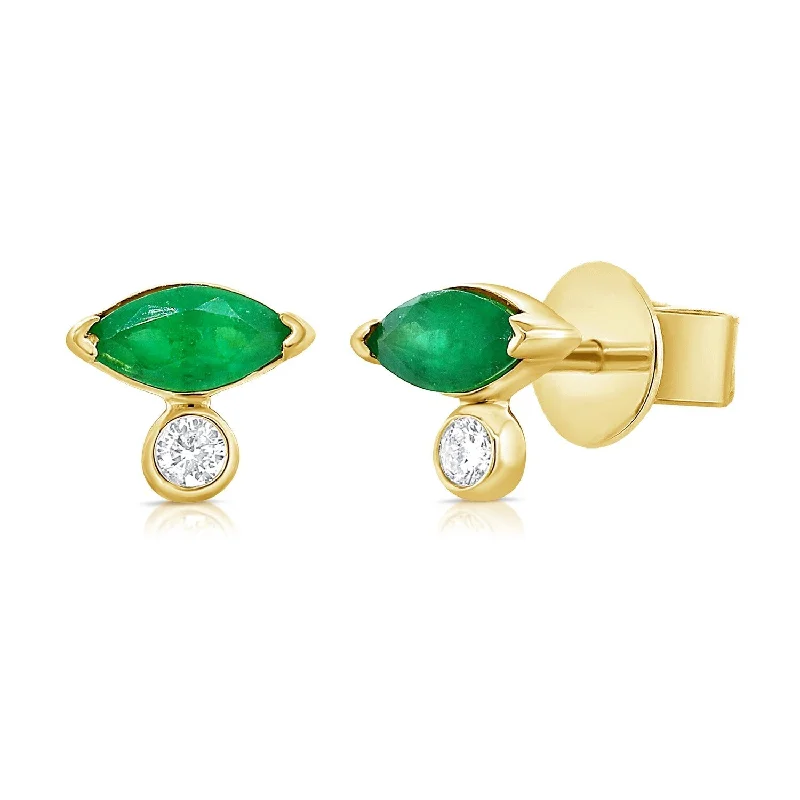 Joelle Emerald Marquis Shape & Diamond Stud Earrings 14K Gold