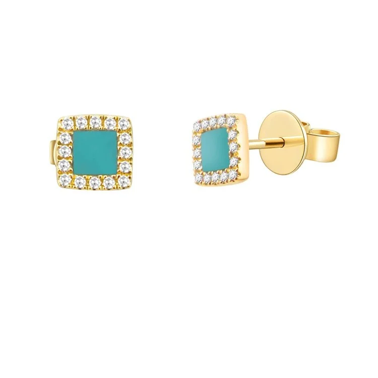 Joelle Square Shape Stud Earrings Turquoise & Diamonds 14K Gold