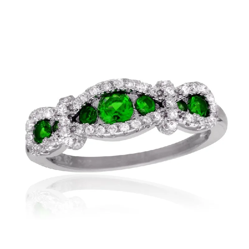 Rhodium Plated 925 Sterling Silver Knotted Green CZ Ring - BGR01112GRN