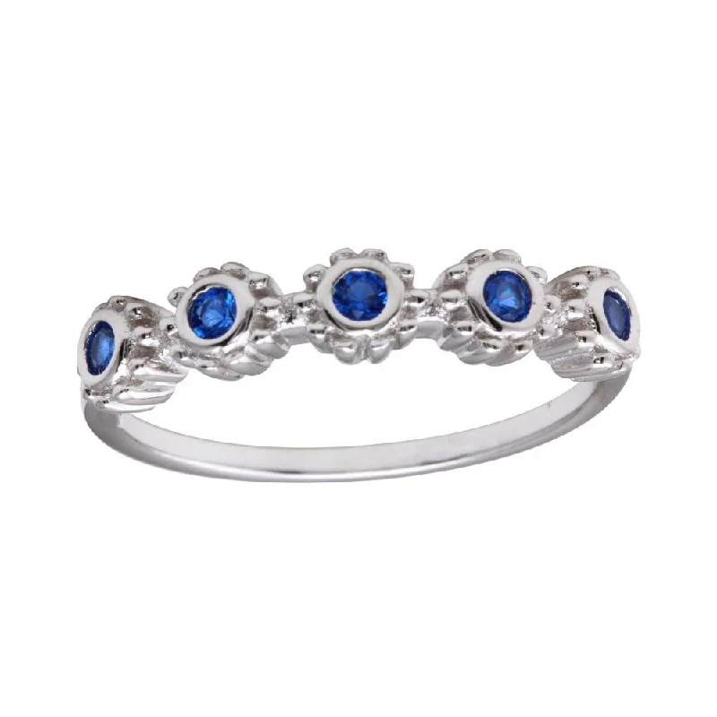 Rhodium Plated 925 Sterling Silver 5 Flower Blue CZ Ring - BGR01224BLU