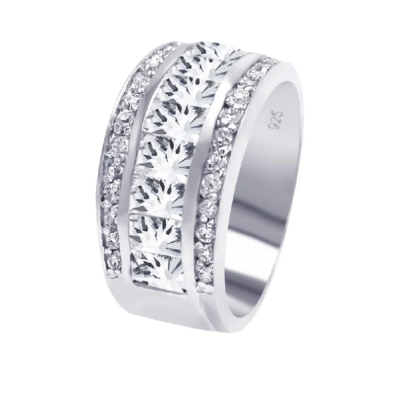 Silver 925 Rhodium Plated Half Channel Clear Baguette Round CZ Ring - AAR0042