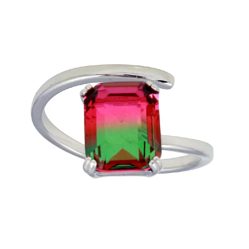 Rhodium Plated 925 Sterling Silver Rectangle Open Shank Green to Red Gradient CZ Ring - STR01108