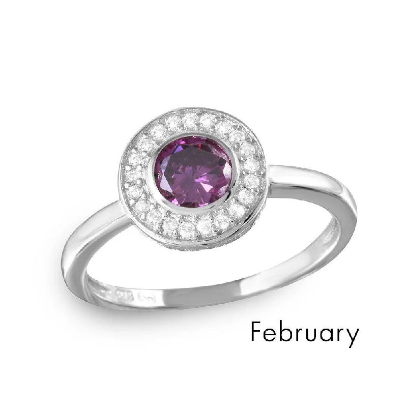 February Sterling Silver 925 Rhodium Plated CZ Center Birthstone Halo Ring - BGR01082FEB