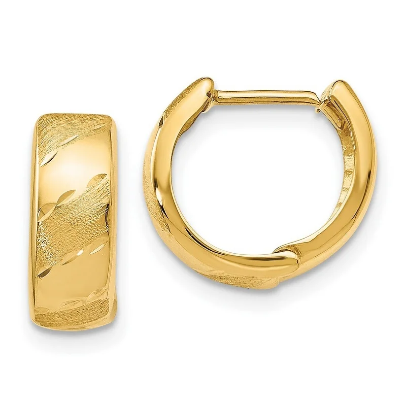 Curata 14k Yellow Gold Textured Polished and Satin Hinged Huggies Hoop Earrings (6mm x 13mm)