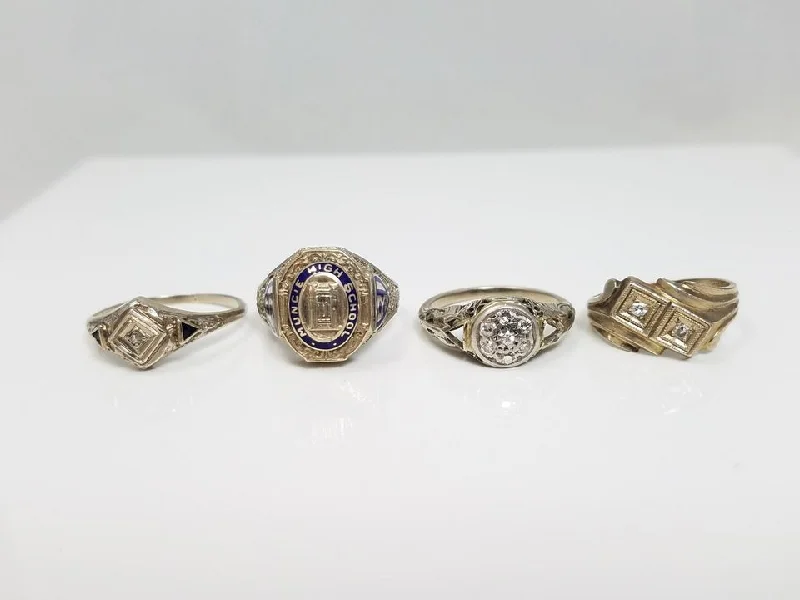 Four Gorgeous 8k-13k White Gold 1930's Art Deco Natural Diamond Ring Lot