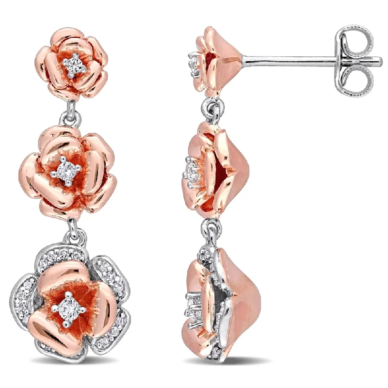 Miadora 2-tone Sterling Silver 1/10ct Diamond & Created White Sapphire Floral Drop Earrings