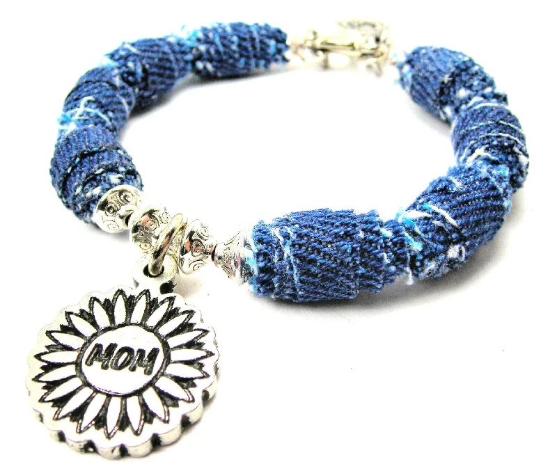 Mom Flower Blue Jean Beaded Toggle Bracelet