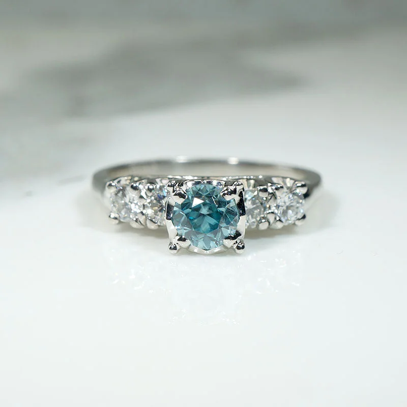 Crisp Mid-Century Natural Blue Zircon & Diamond Ring