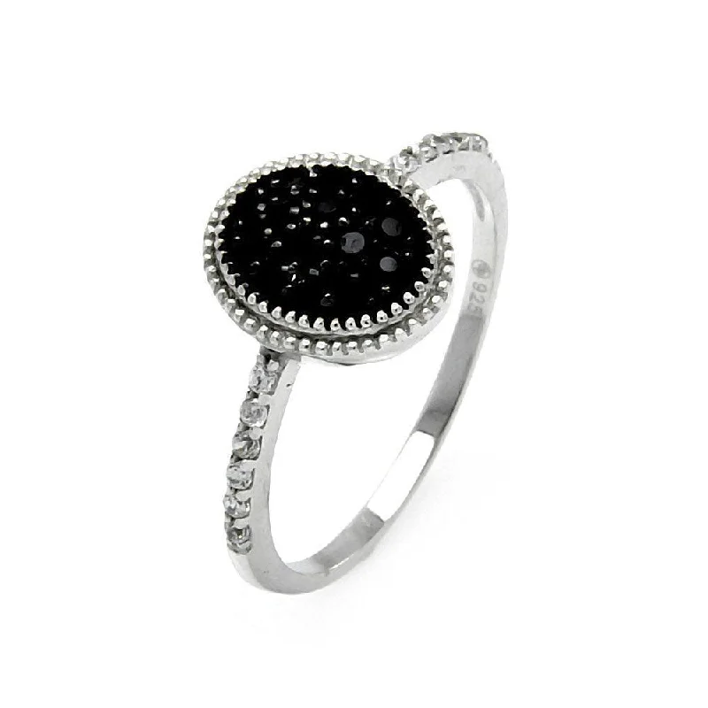 Silver 925 Black and Silver Rhodium Plated Round Oval Circle CZ Ring - STR00908