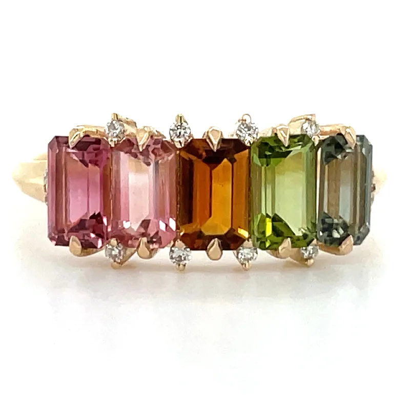 14ct Yellow Gold Earth Grown Rainbow Tourmaline & Diamond Ring