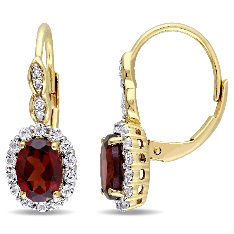 Miadora 14k Yellow Gold Garnet, White Topaz and Diamond Accent Vintage Earrings - Red