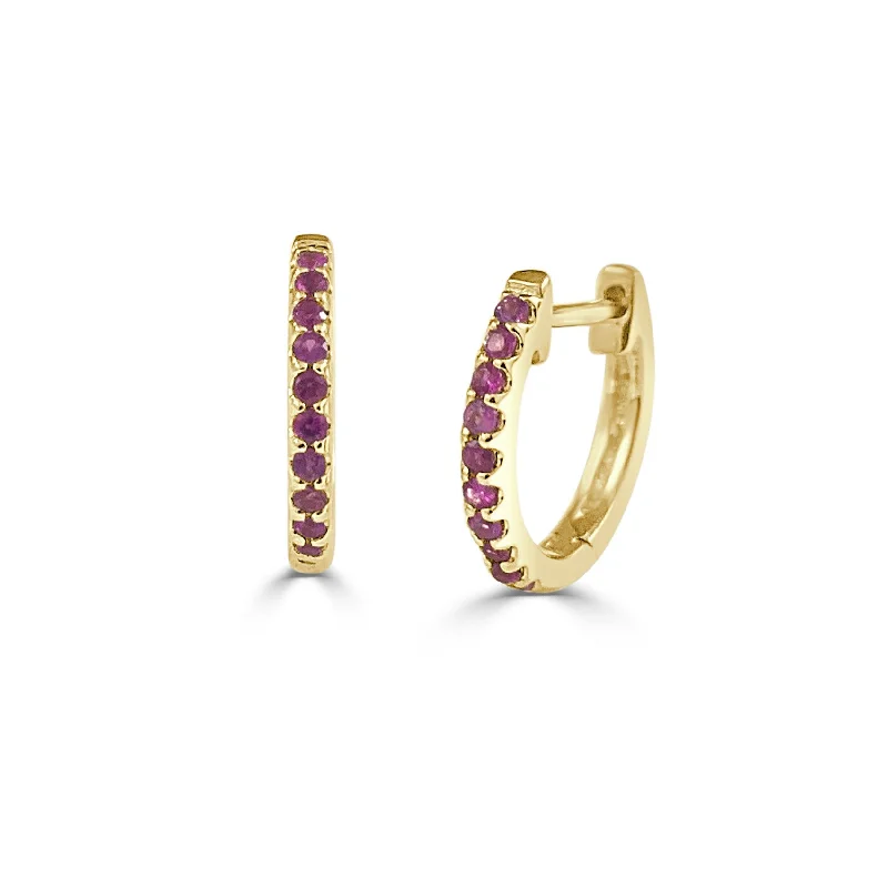 Joelle Ruby Huggie Earrings - 14K Gold Earrings U-Shaped Hoops With Rubies