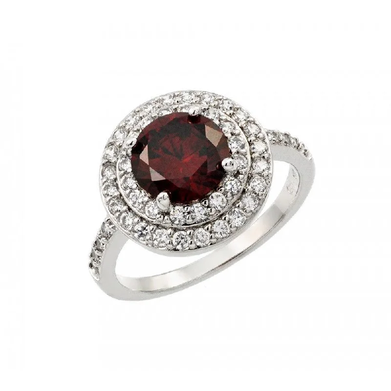 Silver 925 Rhodium Plated Red Center and Clear Cluster CZ Ring - BGR00886RED