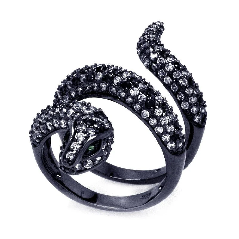 Clearance-Silver 925 Black Rhodium Plated Black and Clear CZ Snake Wrap Ring - BGR00317