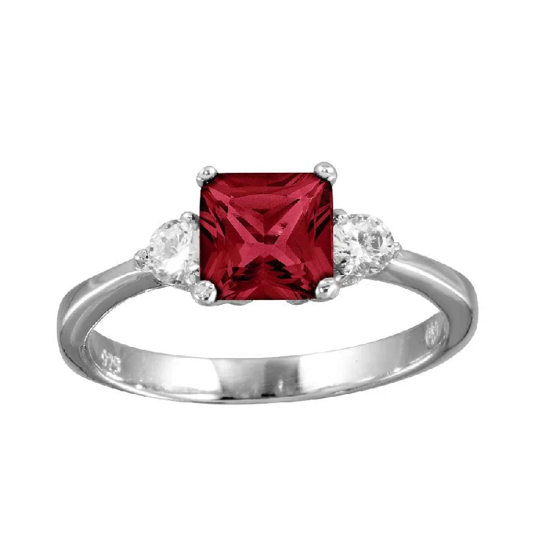 Rhodium Plated 925 Sterling Silver Red CZ Center Stone Ring - BGR01138RED