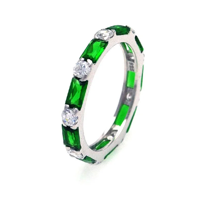 Silver 925 Rhodium Plated Green Baguette Clear CZ Eternity Ring - STR00516GREEN