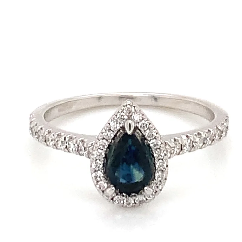 9ct White Gold Pear Cut Navy Sapphire & Diamond Ring