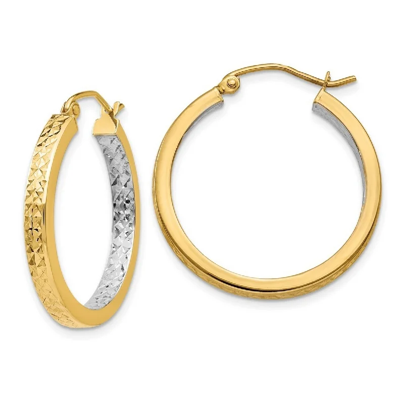 Curata 14k Yellow Gold 27x3mm Rhodium Light Square Sparkle Cut Hoop Earrings