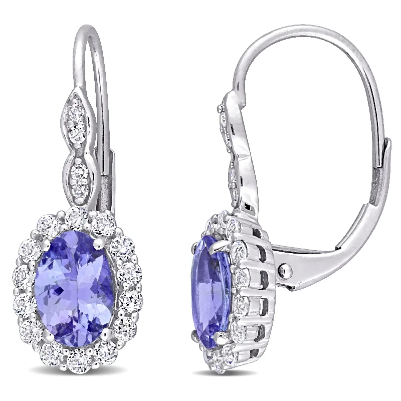 Miadora 14k White Gold Oval-cut Tanzanite White Topaz & Diamond Accent Halo Leverback Drop Earrings