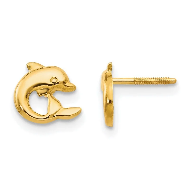 Curata Solid 14k Yellow Gold Childrens Polished Dolphin Screw-back Earrings (8mmx8mm) - Orange