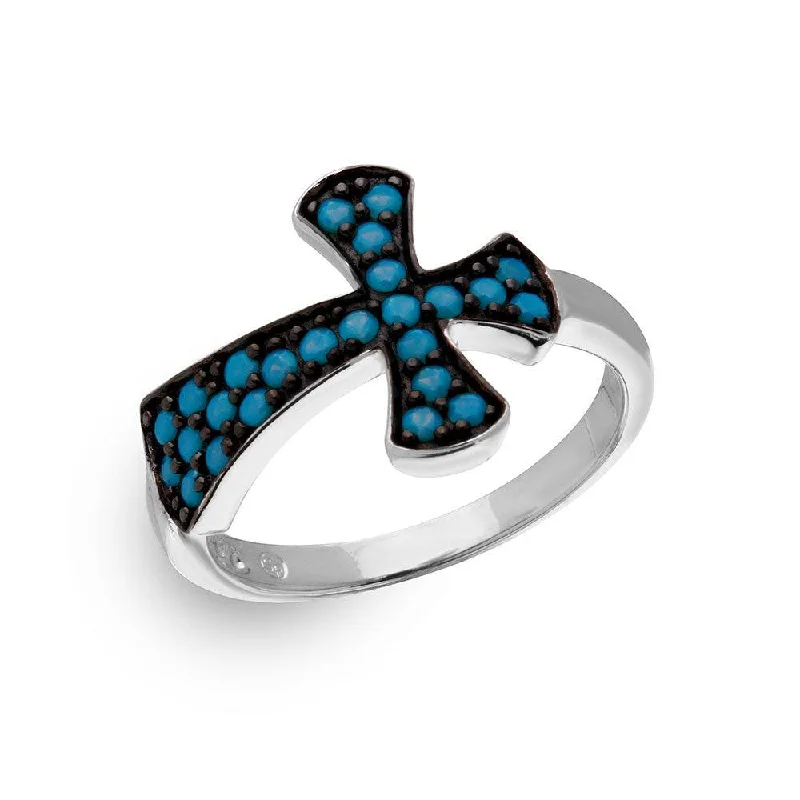 Silver 925 Black Rhodium and Rhodium Plated Ring with Turquoise Enamel - BGR01085