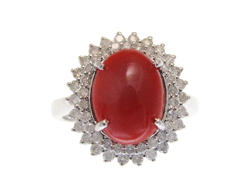 GENUINE NATURAL OVAL CABOCHON RED CORAL DIAMOND RING SOLID 14K WHITE GOLD