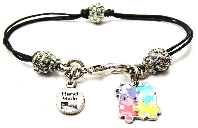 Autism Puzzle Pieces Painted Beaded Black Cord Bracelet