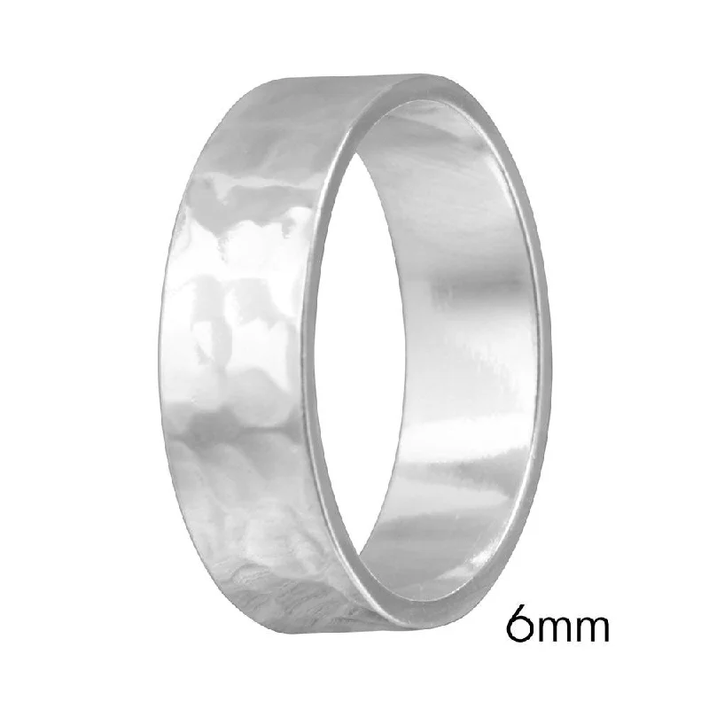 High Polished 925 Sterling SilverHand Hammered Wedding Band Flat Ring - RING03-6MM