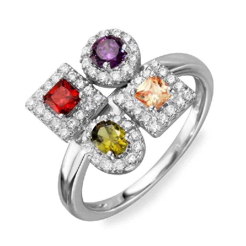 Rhodium Plated 925 Sterling Silver Multi Color 4 Design Ring - BGR01101