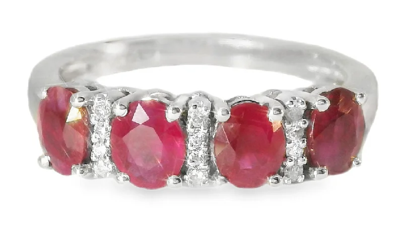 Unique Estate 14K White Gold Ruby Rubies 4-Stone Four-Stone Diamond Ring Band