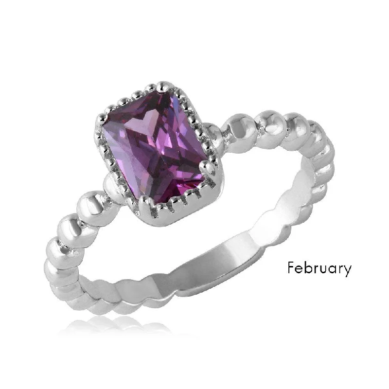 February Sterling Silver 925 Rhodium Plated Beaded Shank Square Center Birthstone Ring - BGR01081FEB