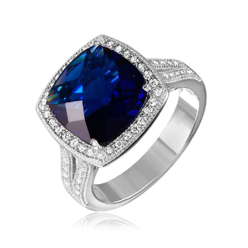 Silver 925 Rhodium Plated Square Halo Blue CZ Ring with Micro Pave Stones - GMR00090S