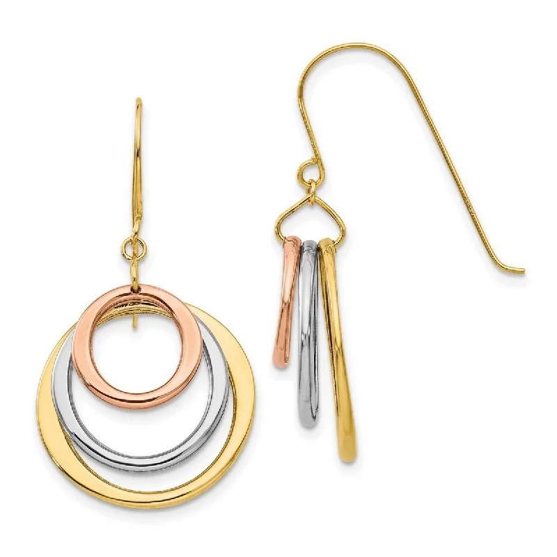 Curata 14k Tri Color Polished Gold Triple Circle Dangle Shepherd Hook Earrings - 37x20mm