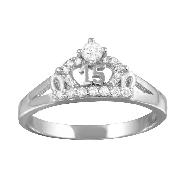 Rhodium Plated 925 Sterling Silver Crown 15 Ring with CZ - TMR00004