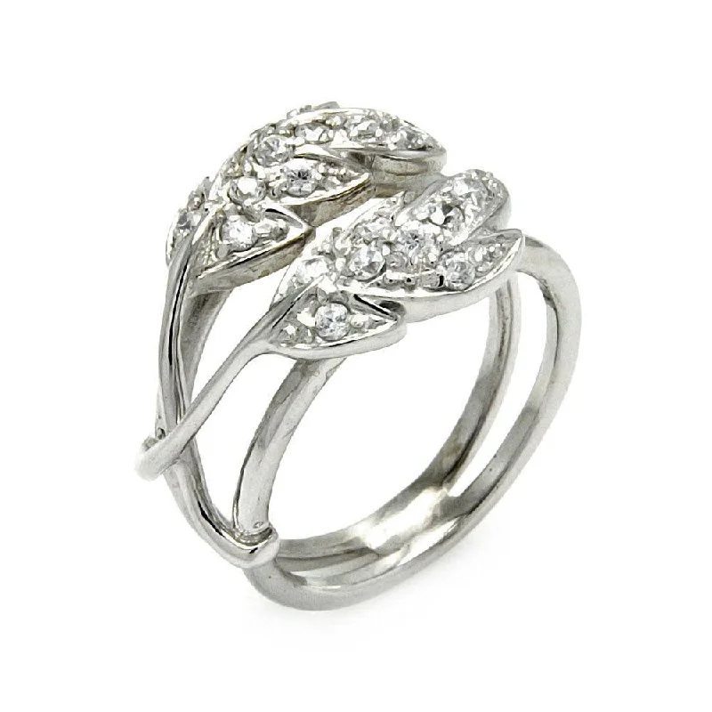 Clearance-Silver 925 Rhodium Plated CZ Double Leaf Ring - STR00282