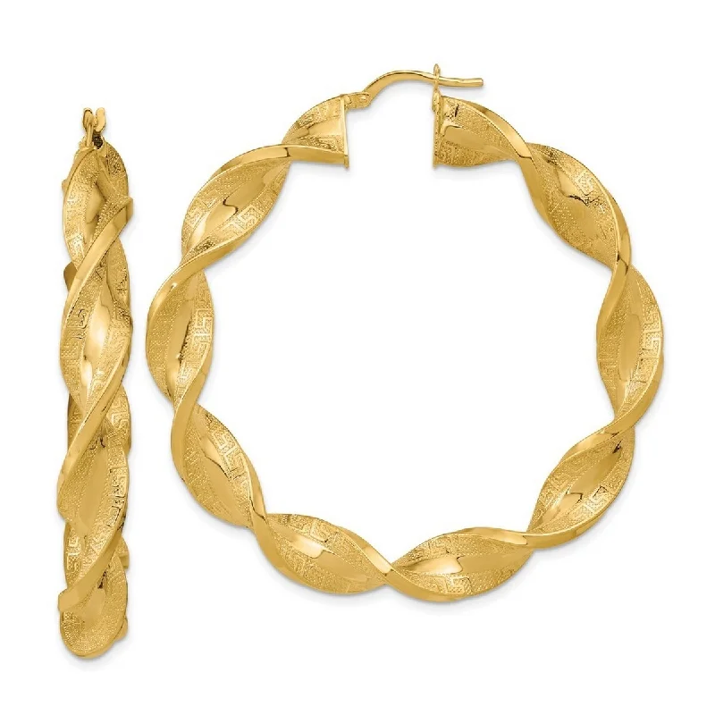 Curata 14k Gold Polished and Greek Satin Twisted Hoop Earrings - 54x53.3mm Wide 7mm Thick