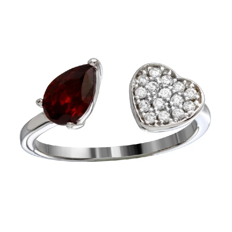 Rhodium Plated 925 Sterling Silver Open Heart Ring with CZ - BGR01190RED