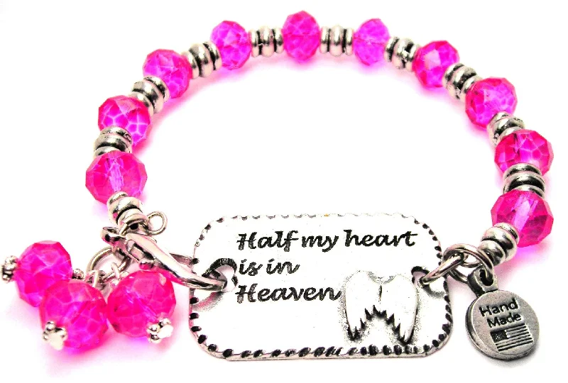 Half My Heart Is In Heaven With Angel Wings Expression Armor Pewter Crystal Bracelet