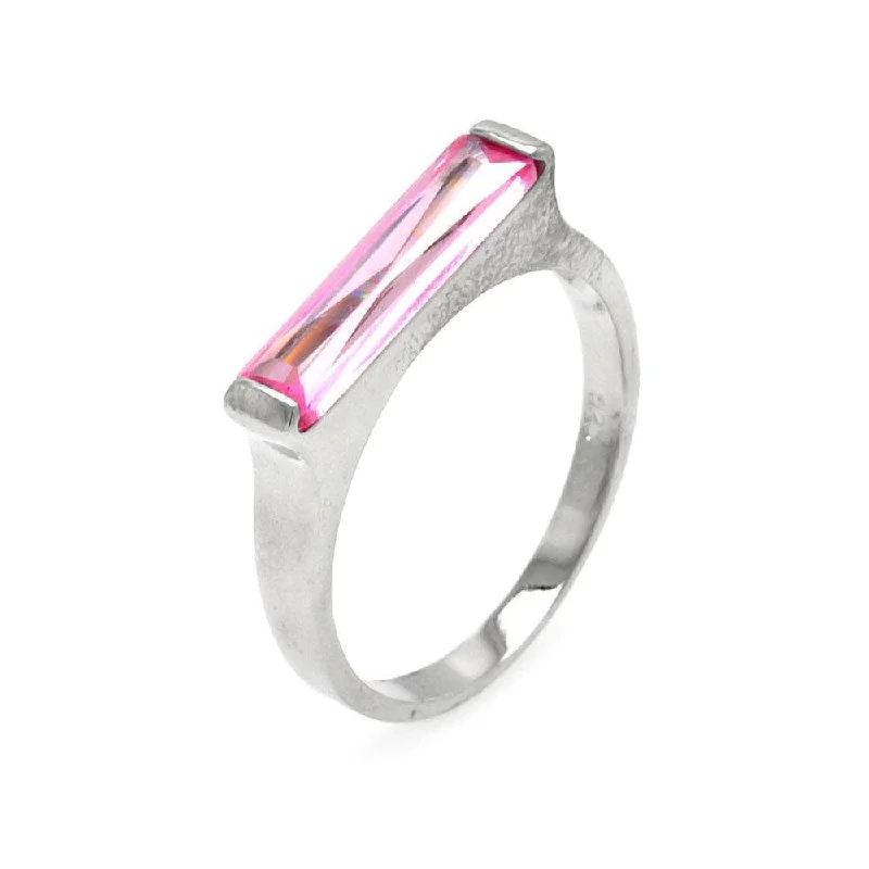 Clearance-Silver 925 Rhodium Plated Long Pink CZ Bar Ring - BGR00003PNK