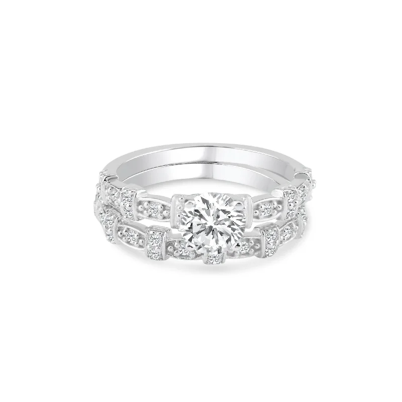 Silver 925 Rhodium Plated Clear Micro Pave Set and Round Center CZ Delicate Estate Ring Set - BGR00739