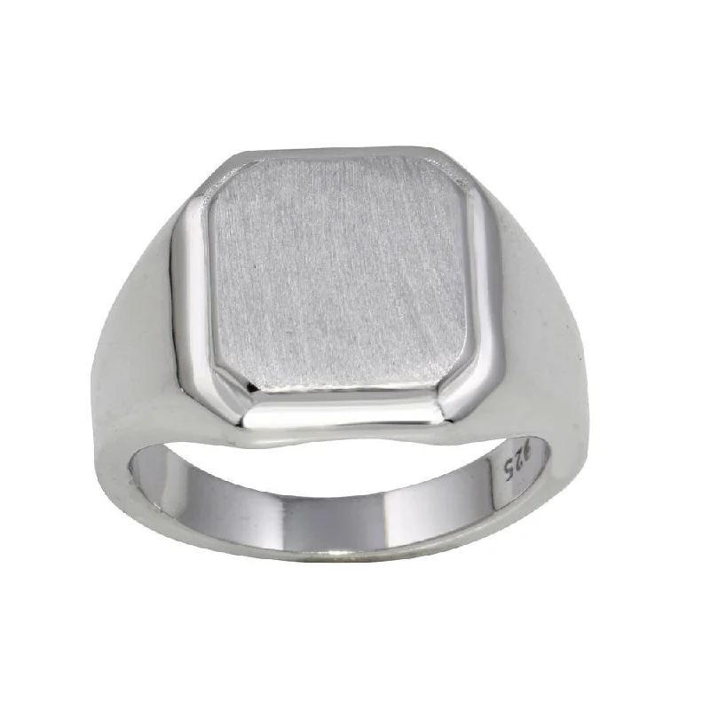 Rhodium Plated 925 Sterling Silver Engravable Octagon Ring with Matte Finish - BGR01240