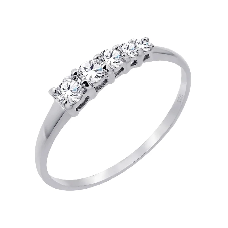 Silver 925 Rhodium Plated 5 Stone Set Clear CZ Graduating Ring - BGR00865