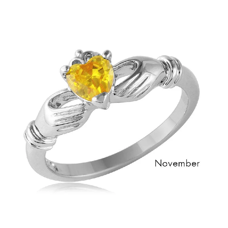 November Sterling Silver 925 Rhodium Plated CZ Center Birthstone Claddagh Ring - BGR01083NOV