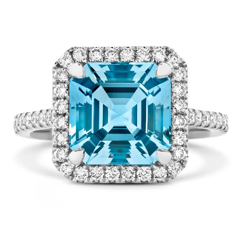 18ct white gold claw set Asscher cut Santa Maria Aquamarine and Diamond ring