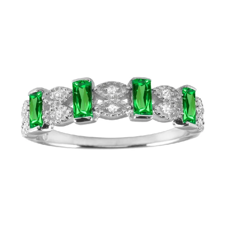 Rhodium Plated 925 Sterling Silver Green Bar CZ Link Ring - BGR01223GRN