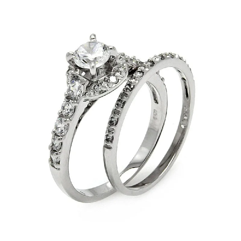 Silver 925 Rhodium Plated Clear Round Center Pave Set CZ Bridal Ring Set - BGR00452