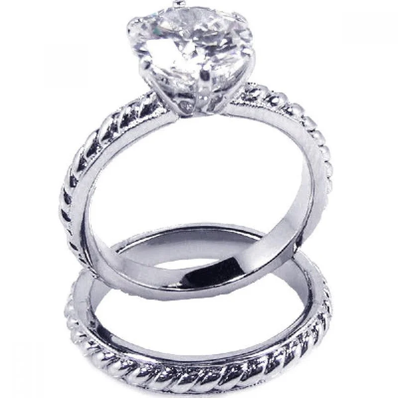 Silver 925 Rhodium Plated Clear Solitaire CZ Rope Bridal Ring Set - BGR00089