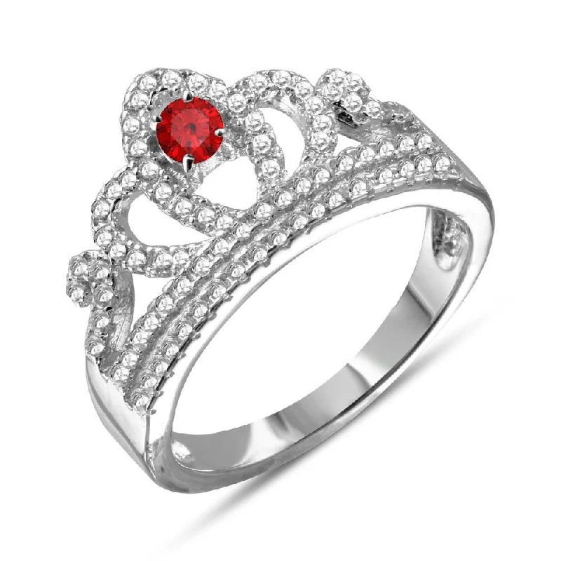 Rhodium Plated 925 Sterling Silver Tiara with Red and Clear CZ Ring - BGR01108RED